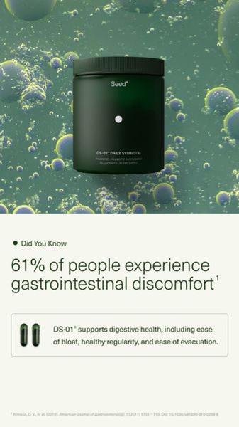 A minimalist, science-forward static image that uses a prominent statistic about gastrointestinal discomfort to introduce a synbiotic supplement product.